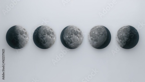 Photograph showing the different stages of the lunar cycle against a plain white backdrop.