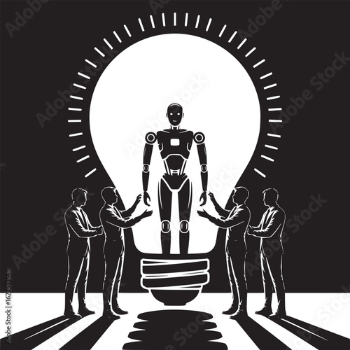 A robot standing inside a lightbulb being presented by four men in suits on a black and white background