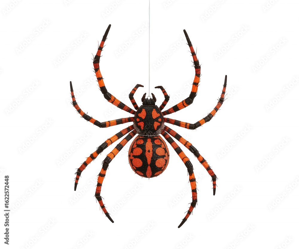 Obraz premium Intricately Detailed Spider Ornament with Orange and Black Stripes Suspended for Halloween Decoration Isolated