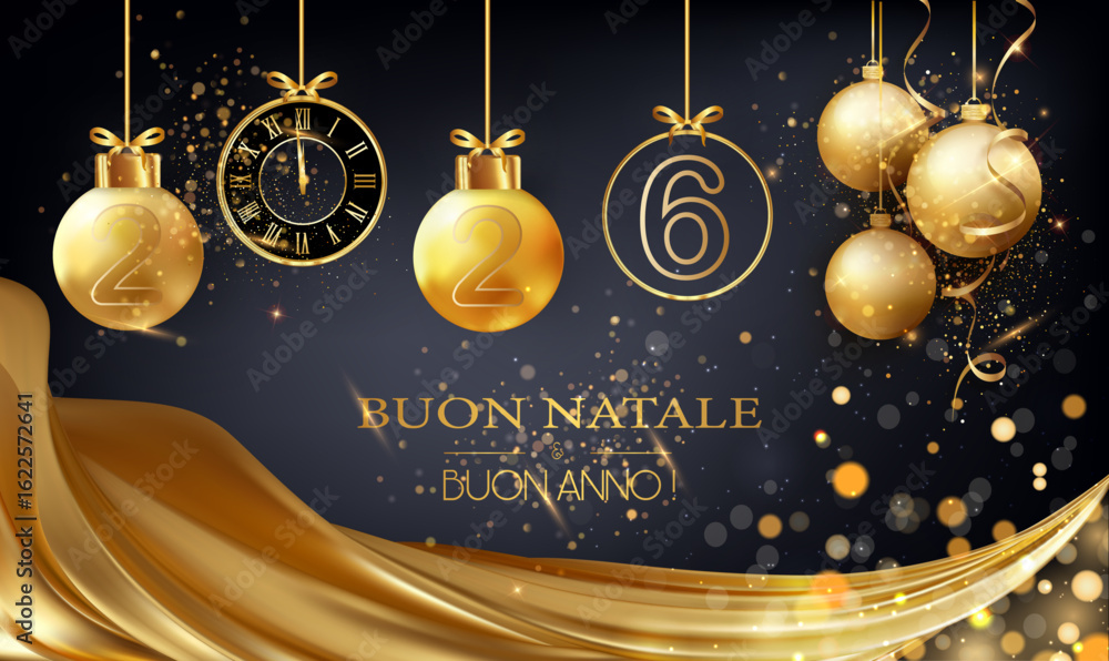 biglietto o striscione per celebrare un Buon Natale e un Felice Anno Nuovo 2026 in oro su sfondo nero con drappeggi, palline di Natale, glitter, cerchi bokeh e un orologio color oro