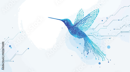Digital blue hummingbird illustration depicting technology and data connection concept.