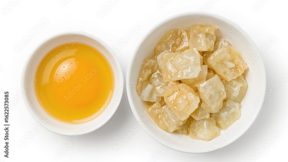 Close-up of salted duck egg yolk in a white dish, a key element in traditional mooncakes and steamed buns Close-up of salted duck egg yolk in a white dish, a key element in traditional mooncakes and steamed buns