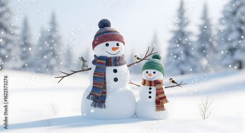 Merry christmas and happy new year greeting card with copy-space.Happy snowman standing in christmas landscape.Snow background.Winter fairytale