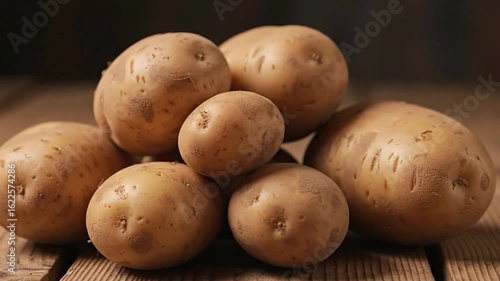 A pile of 7 raw unpeeled russet potatoes displayed on a weathered wooden surface