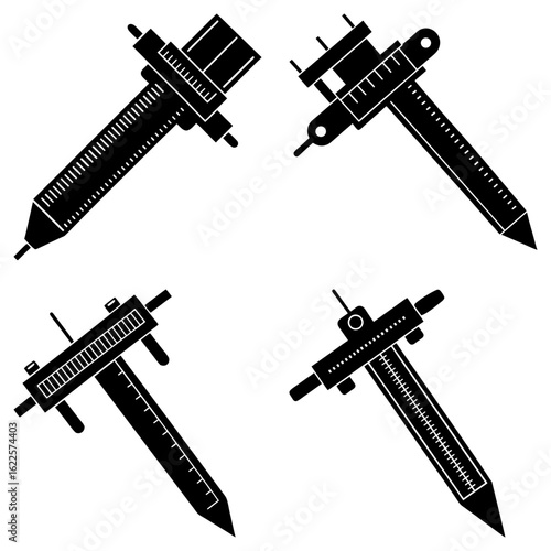Illustration of four different black calipers with measurement scales on a white background design view