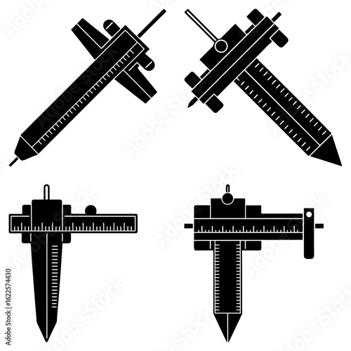 Illustration showing four black and white calipers in different orientations on a white background design