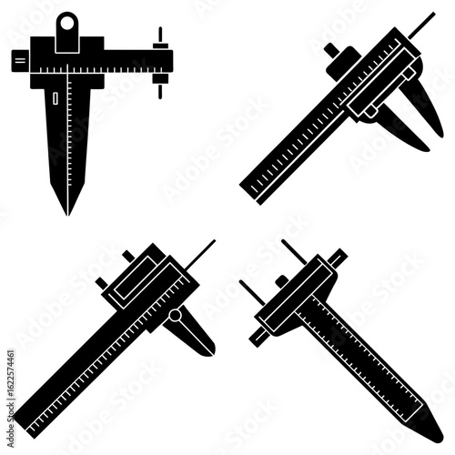 Illustration showing four different views of a caliper measuring tool in black and white design style