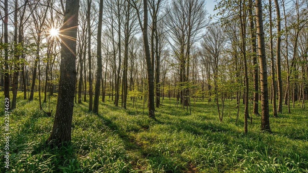 Obraz premium Vibrant forest scene glowing under morning rays during spring.