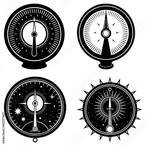 Illustration of four different black and white compasses with varying designs and needle orientations shown here