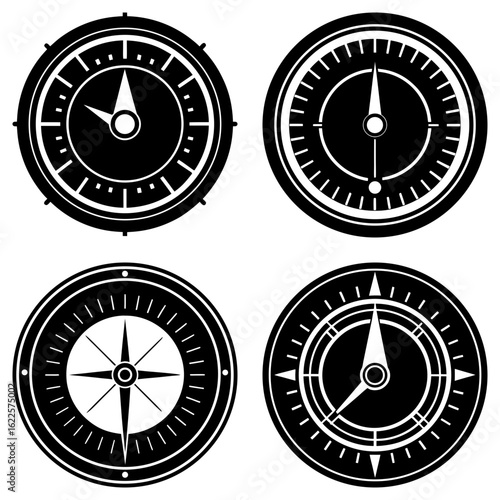 Four compasses arranged in a square format with different needle styles and outer ring designs shown here