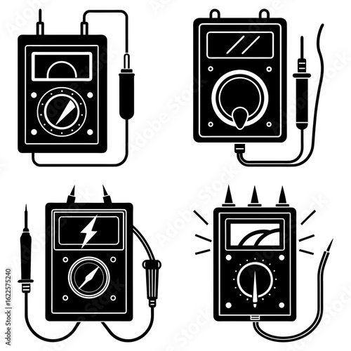Illustration showing four different designs of analog multimeters in black and white vector format