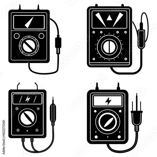 Illustration of four black and white analog multimeters with different displays and probe connections