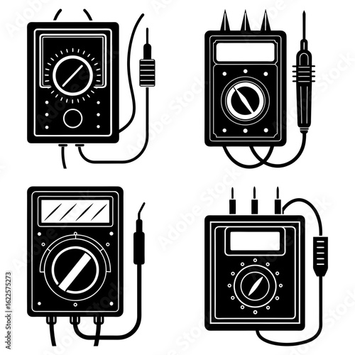 Illustration of four electrical multimeters with different designs and display types in black and white style