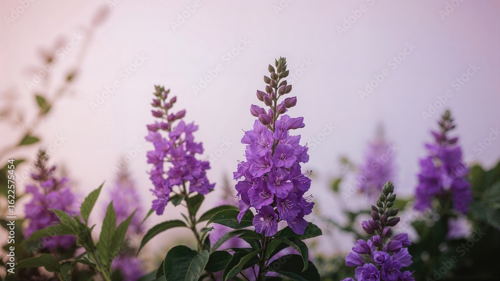 Obraz premium Focused shot of purple Angelonia blooms surrounded by a muted lilac garden scene