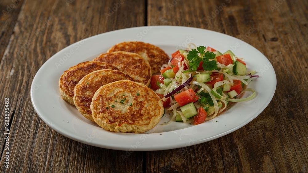 Plate featuring hot potato pancakes accompanied by a fresh mixed vegetable salad, close-up shot Plate featuring hot potato pancakes accompanied by a fresh mixed vegetable salad, close-up shot