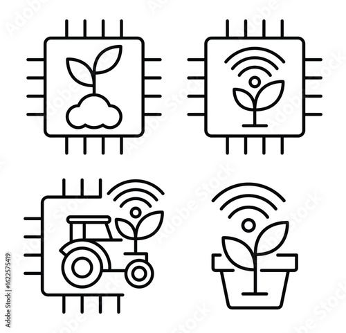 Digital Farming Icons with Technology Elements Representing Smart Agriculture