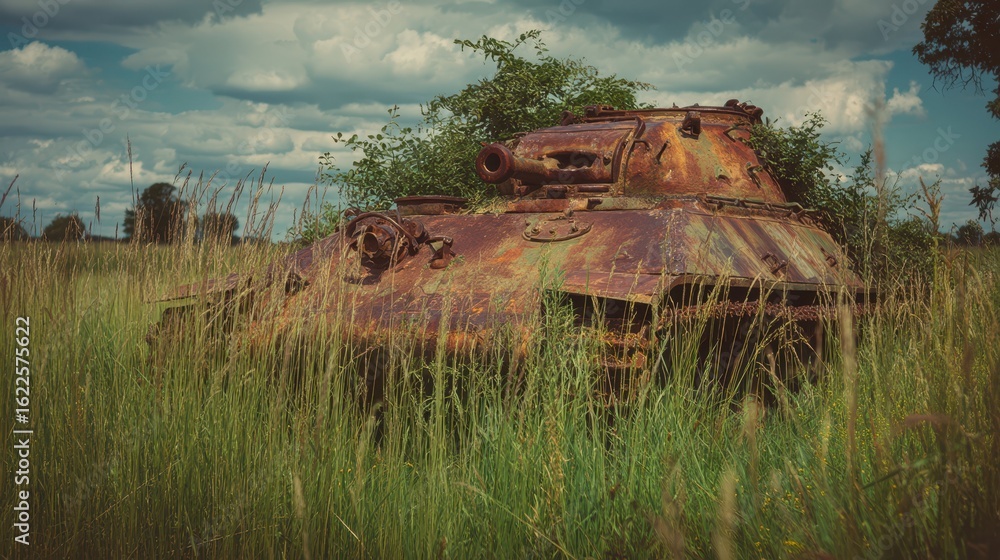 Fototapeta premium Abandoned Tank Surrounded by Tall Grass in Post-War Landscape
