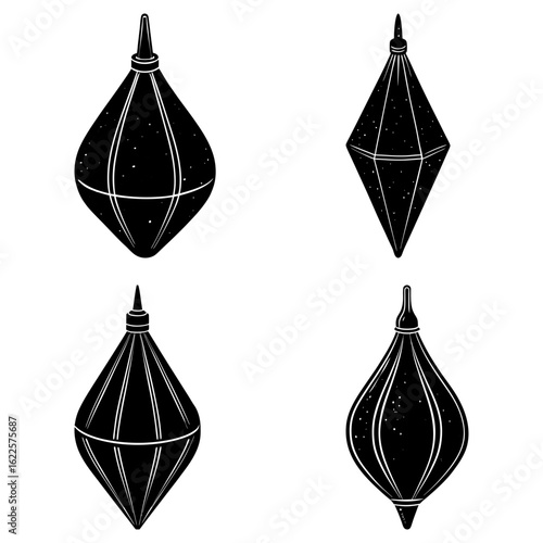 Four stylized black and white illustrations of vintage enema bulbs in various shapes and orientations