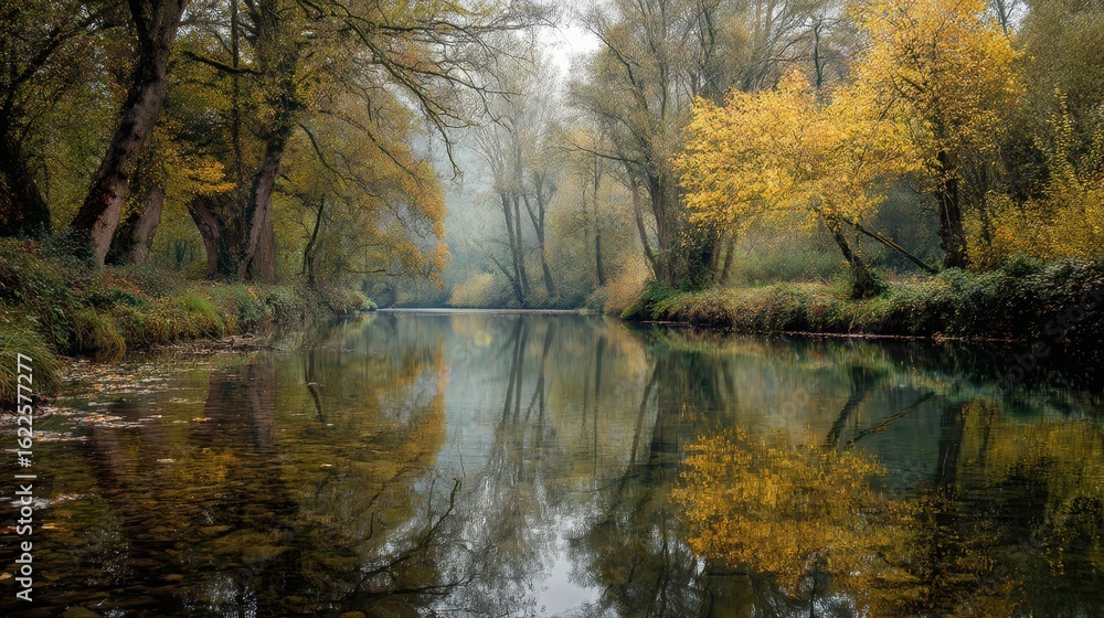 Fototapeta premium Tranquil Autumn Riverbank with Vibrant Reflections and Trees