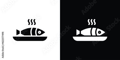 Cooked fish icon silhouette collection in black and white flat solid versions for graphic designs