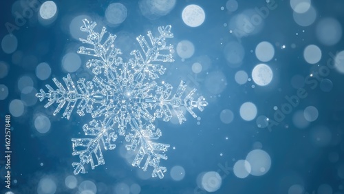 Bokeh lights resembling snowflakes on a blue backdrop for a holiday theme.