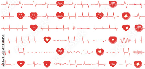 Red Heartbeat Line Vector Collection ECG, EKG, and Pulse Wave Illustrations with Heart Symbols for Medical, Cardiology, Healthcare Monitoring, and Digital Health Design