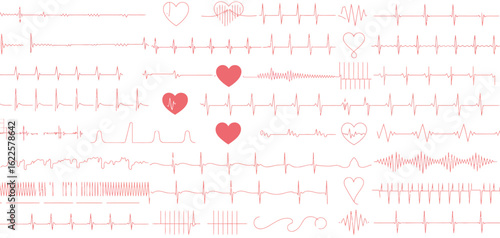 Medical Heartbeat Vector Set Red ECG and EKG Lines with Heart Symbols for Digital Health, Wellness Clipart, Hospital UI, and Healthcare Branding
