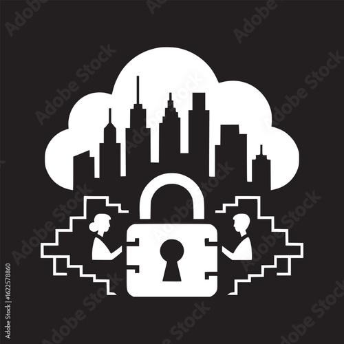 White cloud and city skyline with padlock and people climbing stairs in a black background design