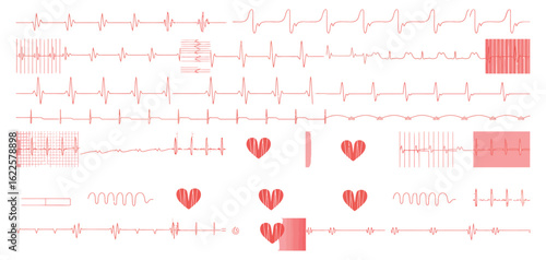 Heartbeat and Pulse Line Icons Red ECG and EKG Vectors with Heart Shapes for Health Monitoring, Medical Devices, and Cardiology-Themed Graphic Projects