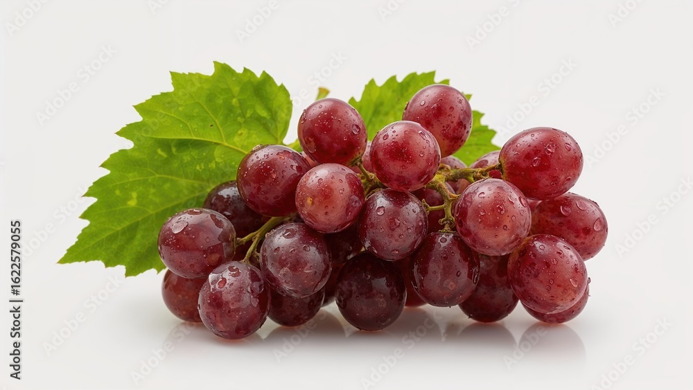 Fototapeta premium Cluster of tiny red table grapes with wet grape leaves on a plain background