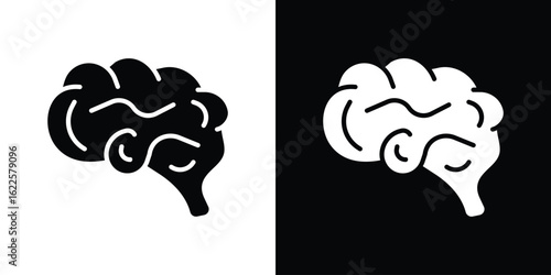 Brain icon silhouette collection in black and white flat solid versions for graphic designs