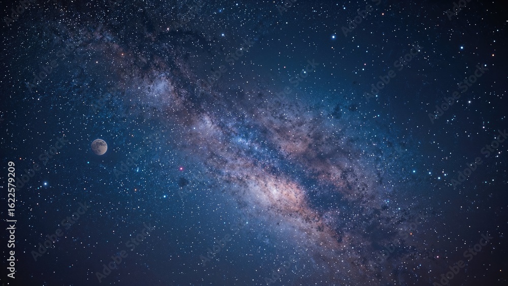 Fototapeta premium Galactic panorama of stars, planets, and luminous flares colored blue and lavender