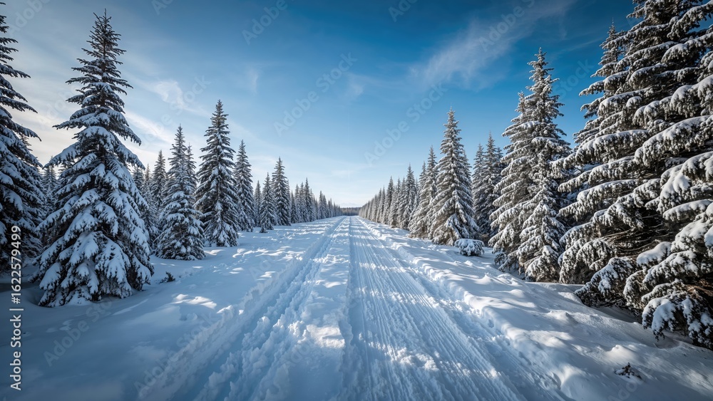 Naklejka premium Snowy route extending forward with a crisp blue sky overhead