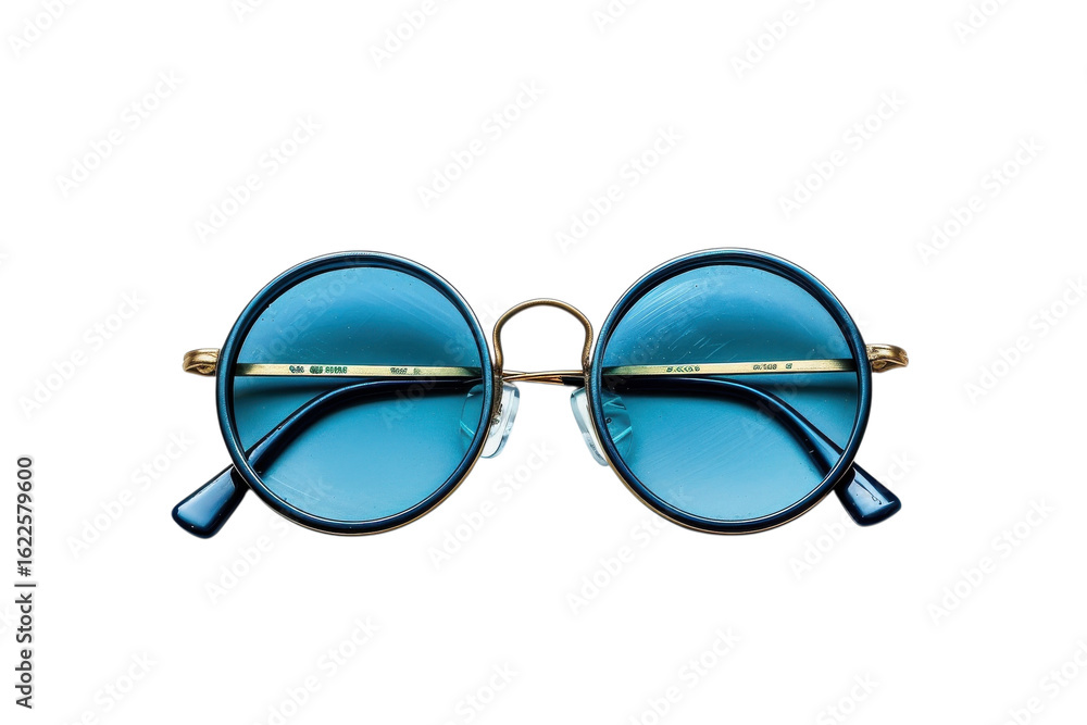 Fototapeta premium Stylish round sunglasses with blue lenses on a white background showcasing modern design and vibrant color for summer wear