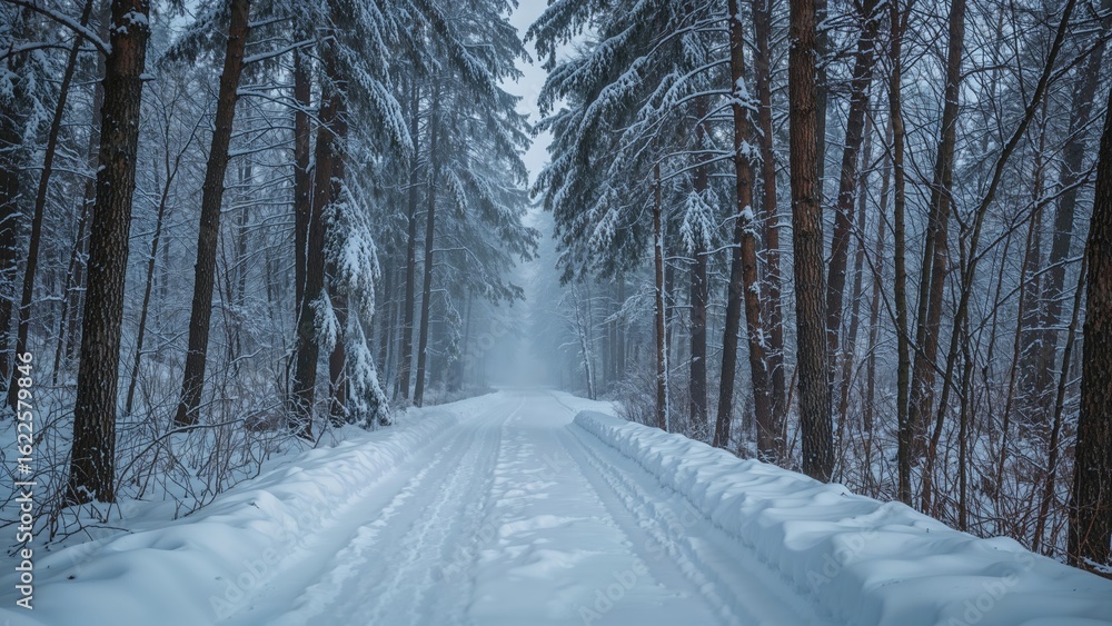 Fototapeta premium A path covered in snow cuts through a woodland during wintertime.