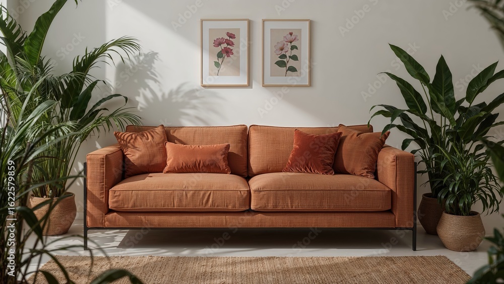 Fototapeta premium Modern interior scene with couch, cozy blanket, decorative cushion, and indoor plants