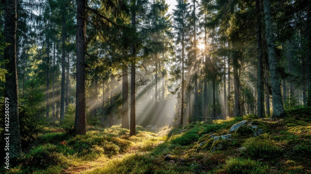 Obraz premium Sun Rays Illuminate a Scenic Forest Glade Filled with Greenery