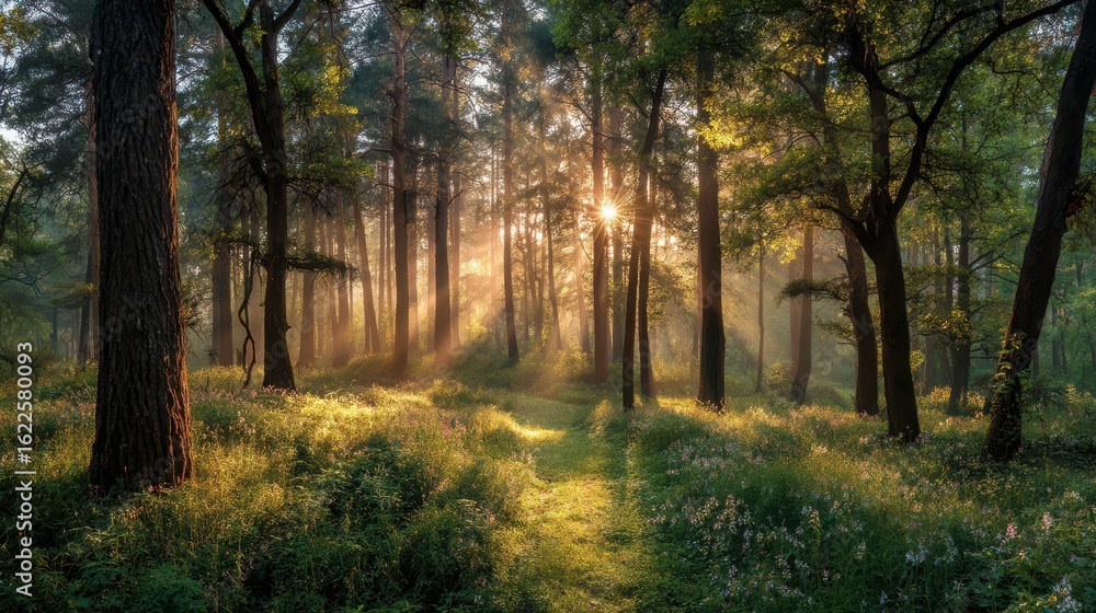 Fototapeta premium Sun Rays Filtering Through Trees in a Tranquil Forest Glade Scene