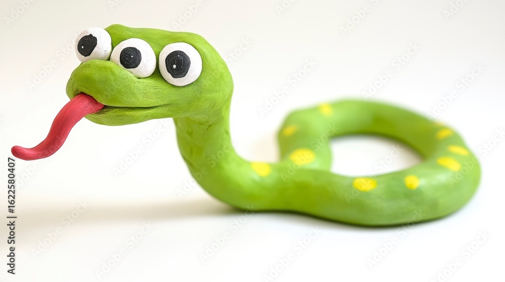 Naklejka premium Playful three-eyed green clay snake with yellow spots, tongue out, against white background.