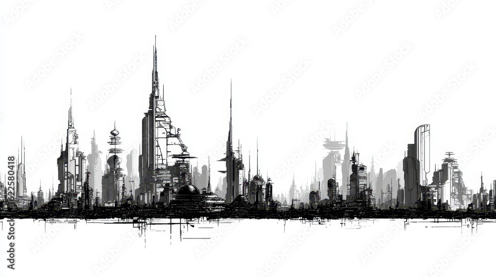 Fototapeta premium Futuristic Cityscape Silhouette in Sci-Fi Artistic Line Art Style