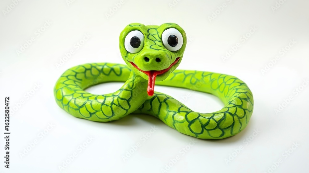 Fototapeta premium Playful green snake figurine with large eyes and tongue, isolated on white background.