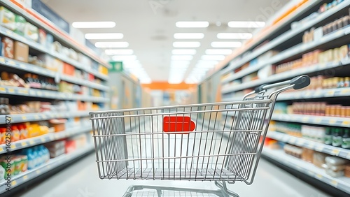 Wallpaper Mural Empty metal shopping cart in a clean supermarket aisle, symbolizing modern retail and consumerism. Torontodigital.ca