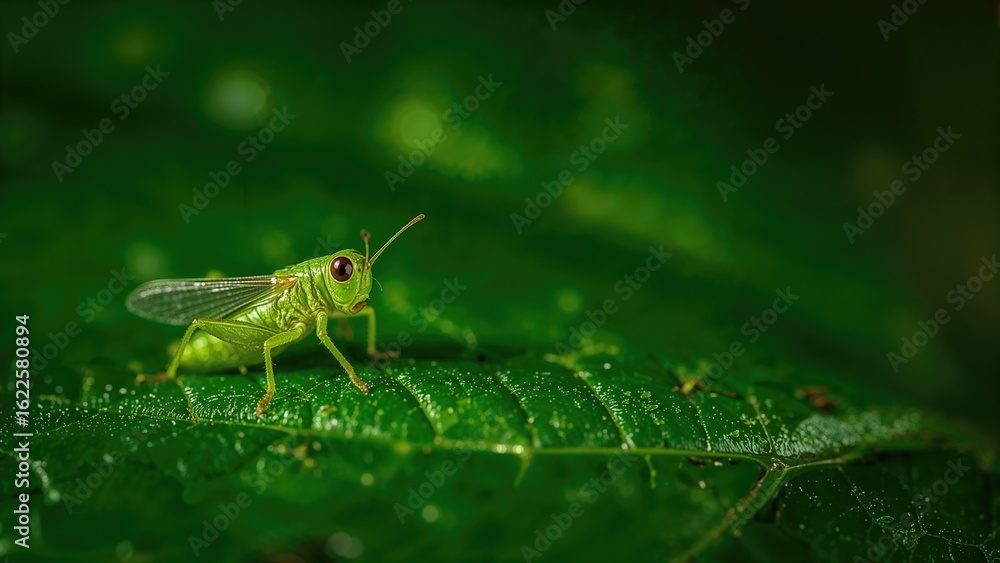 Naklejka premium Small young grasshopper resting on a lush green leaf
