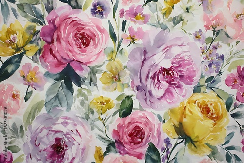 Delicate watercolor floral pattern featuring lush pink and yellow roses with soft green foliage, perfect for elegant designs and romantic themes.