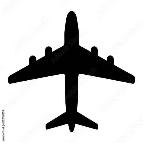 Black silhouette of commercial airplane aircraft with four engines and wings