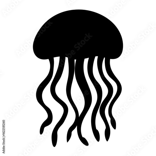 Isolated jellyfish silhouette with long tentacles and rounded body top, aquatic life