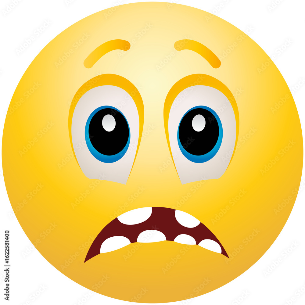 Distressed Yellow Emoji with Clenched Teeth and Fearful Wide Eyes on Gray Background Distressed Yellow Emoji with Clenched Teeth and Fearful Wide Eyes on Gray Background