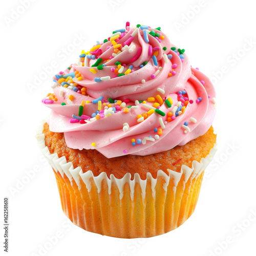A single, vibrantly colored cupcake.  Pink frosting swirls atop a golden-brown cupcake, adorned with multicolored sprinkles.  A close-up view shows the texture of the frosting and sprinkles