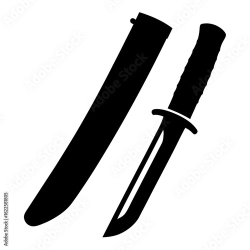 Black silhouette of a tanto knife and its scabbard on white