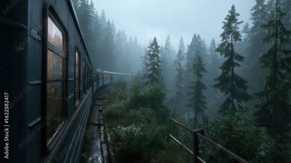 Fototapeta premium Slow Train Ride Through Foggy Forest Landscape with Scenic View